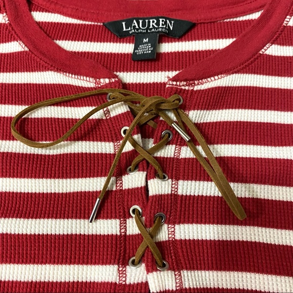 Lauren Ralph Lauren RED stripe 3/4 sleeve lace up front top waffle fabric size M - Picture 5 of 12